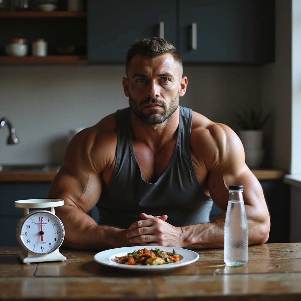realistic bodybuilder man in sportswear sitting at a table with a kitchen scale, small plate with food, phone with app and text 'Dieta ipocalorica'. Serious expression, supplements and water in the background. Realistic style. emoji