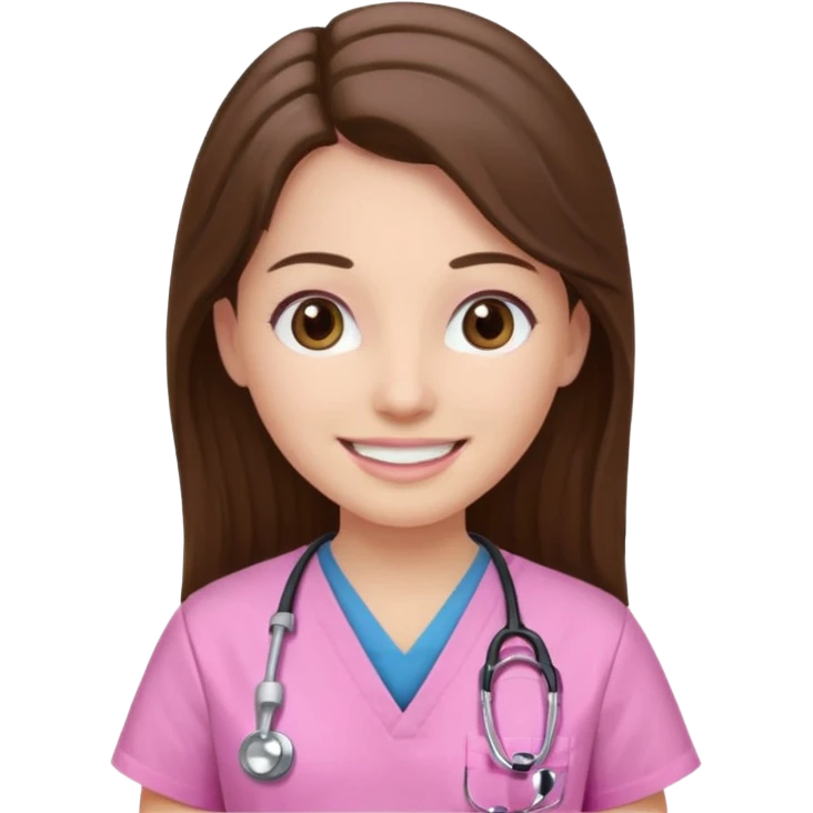 doctor, pink, she, hair brown, eyes black, scrub pink, white skin, longlong hair, smile emoji