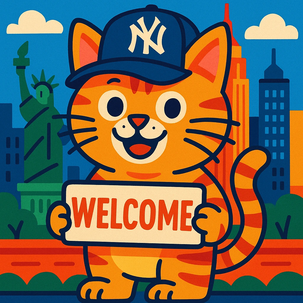 A tabby cat in a Yankees cap holding a welcome sign, New York city vibes, energetic and cute, vibrant toon illustration emoji