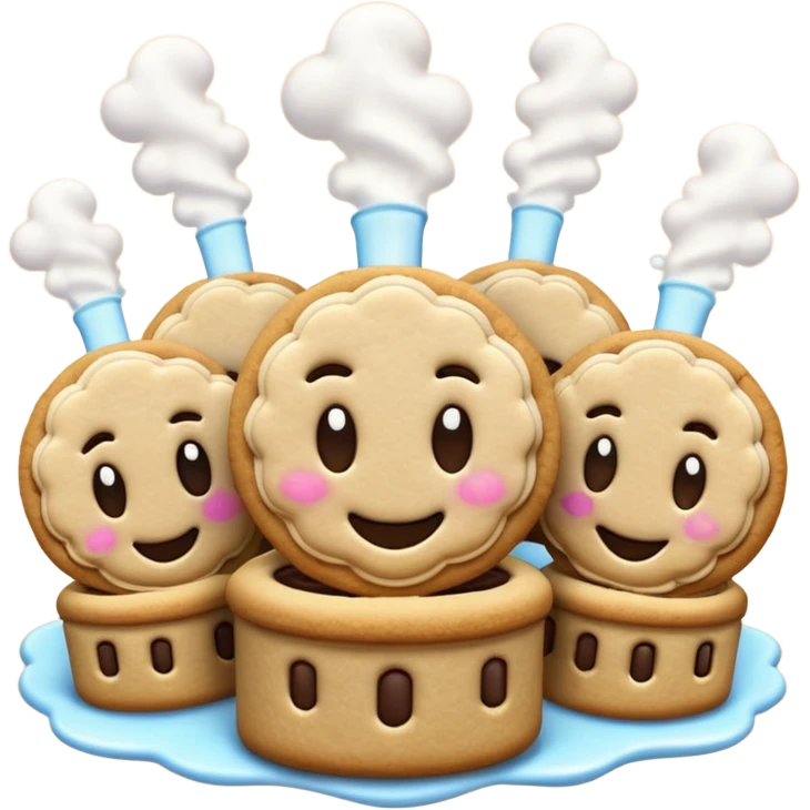 Golden-piped cookie factory with shiny tubes, steam bursting from vents, glowing cookie molds, luxurious cartoon style, emoji-style emoji