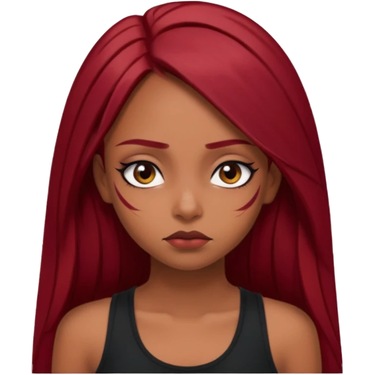 a brown girl with straight long dark red hair, black tank top, eyeliner on. Looking sad emoji