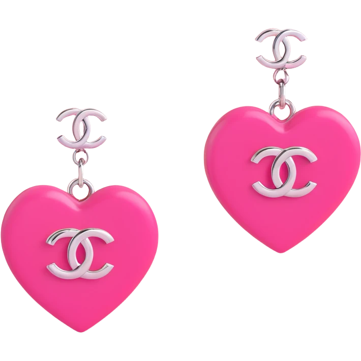 3D emoji-style heart-shaped earrings in pink with a silver Chanel logo in the center, elegant emoji