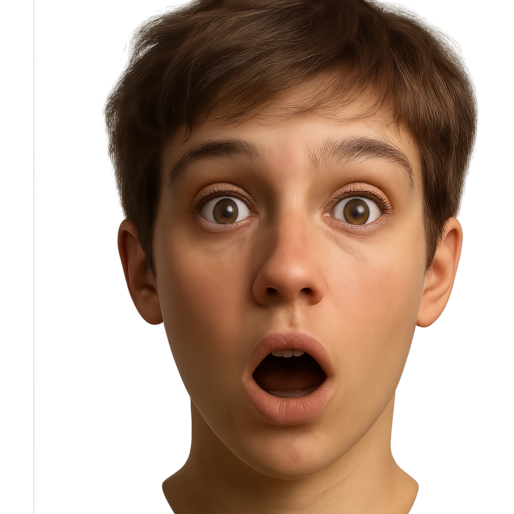 hyper-realistic emoji face of a young person with short tousled brown hair, light skin, surprised expression, detailed skin texture, natural lighting, lifelike eyes, realistic facial features emoji