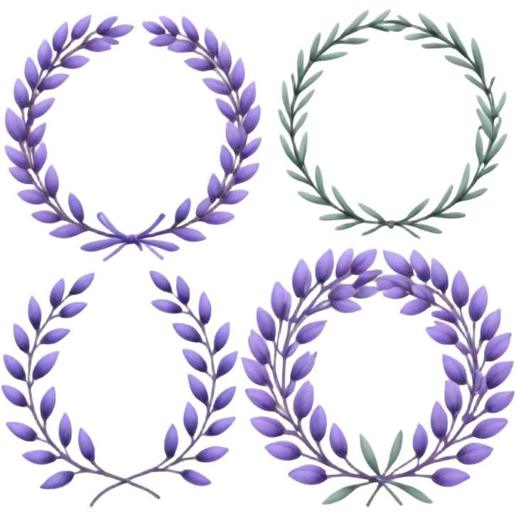 The art style is clean line art with delicate watercolor textures, pastel colors, and a dominant palette of lavender, soft lilac, and muted purple. A set of lavender wreaths, simple flower branches, and delicate frames to border text. emoji
