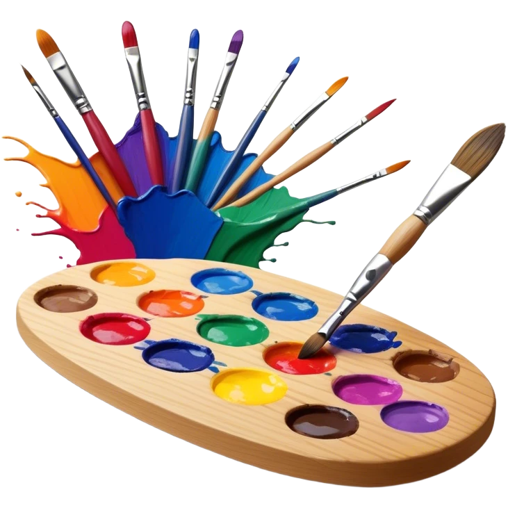 Cinematic Realistic image of a vibrant paint palette and brush, featuring a wooden palette smeared with an array of richly blended colors and a finely detailed brush with soft, delicate bristles, set against a softly textured background that evokes artistic inspiration emoji