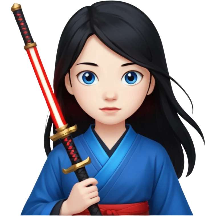 A 14 year old with red glowing katana and his hair be long and eye colour of blur emoji
