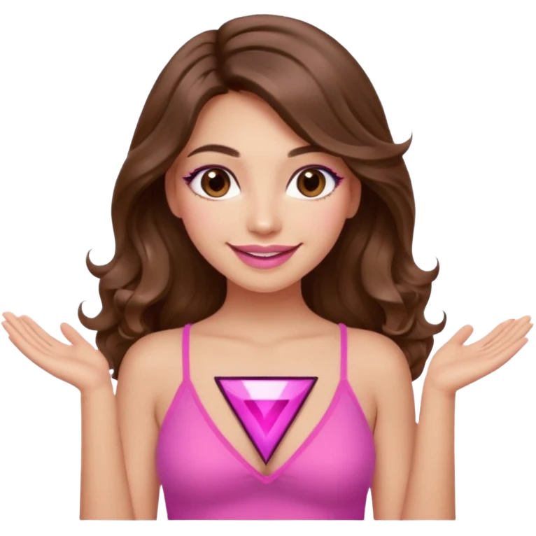 girl with long wavy brown hair, brown eyes, long lashes, sexy pink lips, light to medium complexion, wearing a pink sexy top, smiling, hands together in a tryangle emoji