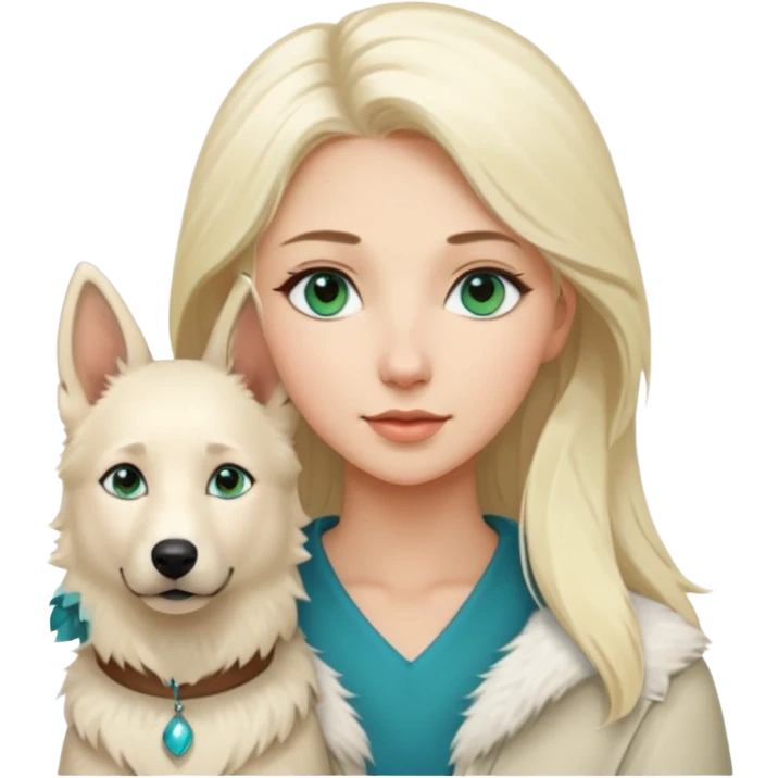 A white blonde Hair Woman with blue Green eyes with a White Shepard with a little bit beige in the fur in a lovely pose  emoji