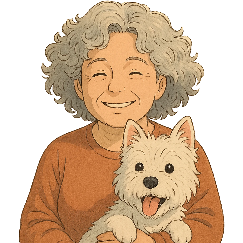 50-year-old woman with silver curly hair, smiling, with a Westie dog, ghibli style emoji