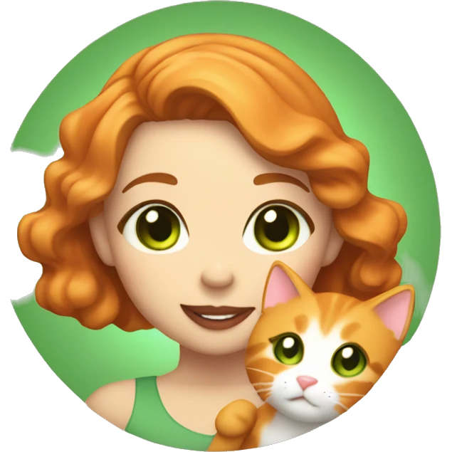 A girl with light brown wavy hair and green eyes big lips and smiling, holding a fluffy orange cat and both of them is pretty emoji