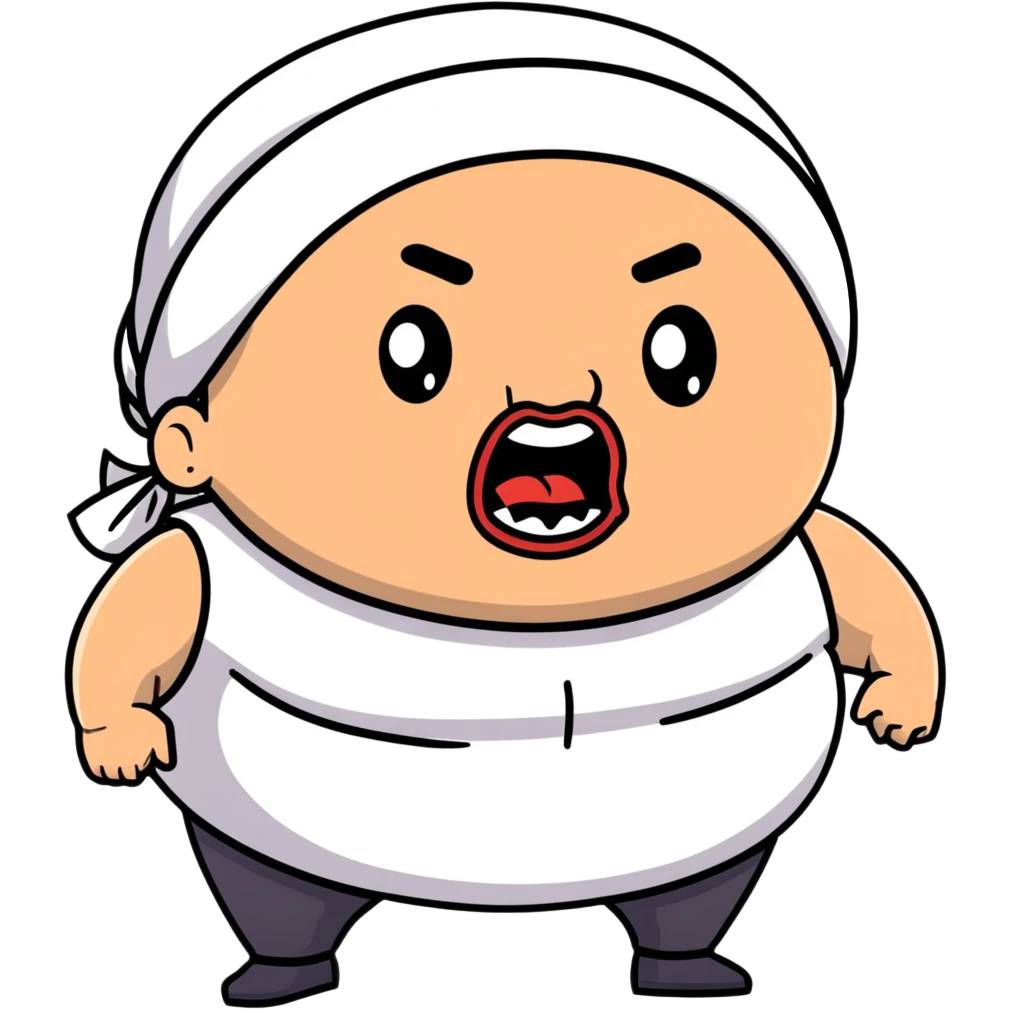 Super extreme tight close-up of just the face of morbidly obese white skin guy with young face, prominent BLACK DURAG tied clearly on head, black beard but no mustache, clean shaven upper lip, black eyes, mouth wide open screaming angrily emoji
