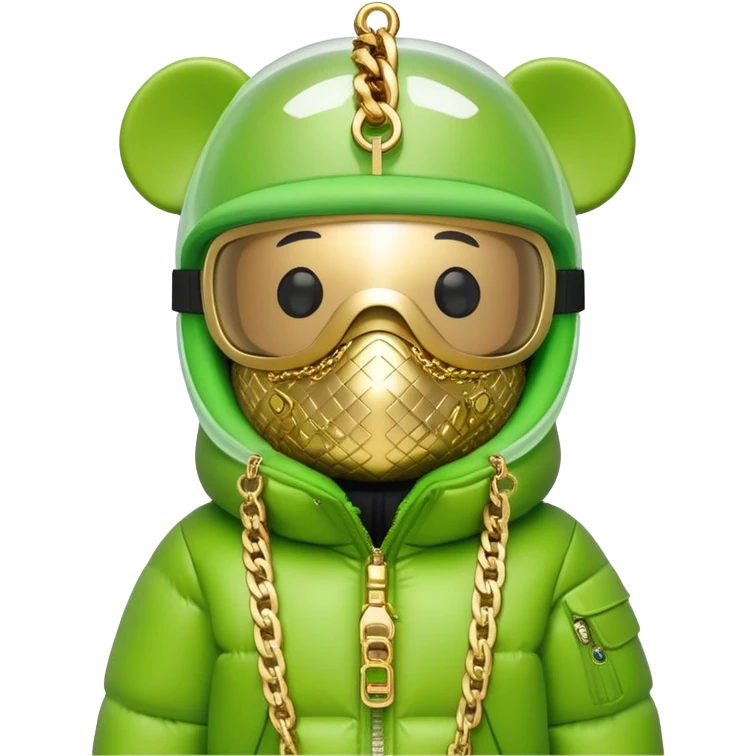 bearbrick toy with lime balaclava tagged with logos, wearing oversized monolens ski-type visor shield covering eyes as one continuous piece, puffer jacket with fur, gold chains emoji