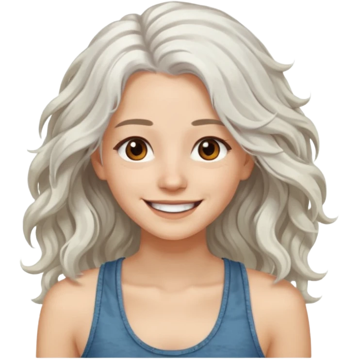 woman with wavy long white hair and brown eyes. smiling in a grunge tanktop emoji