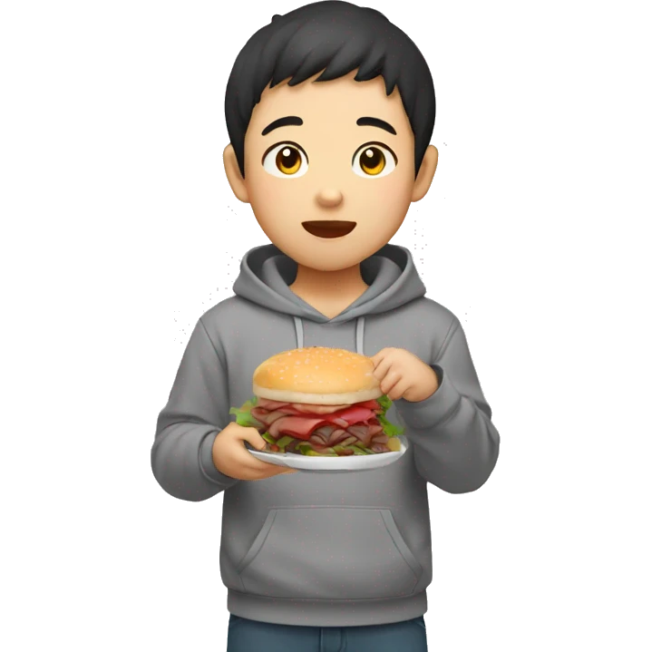 asian boy in grey hoodie eating beefsteak emoji