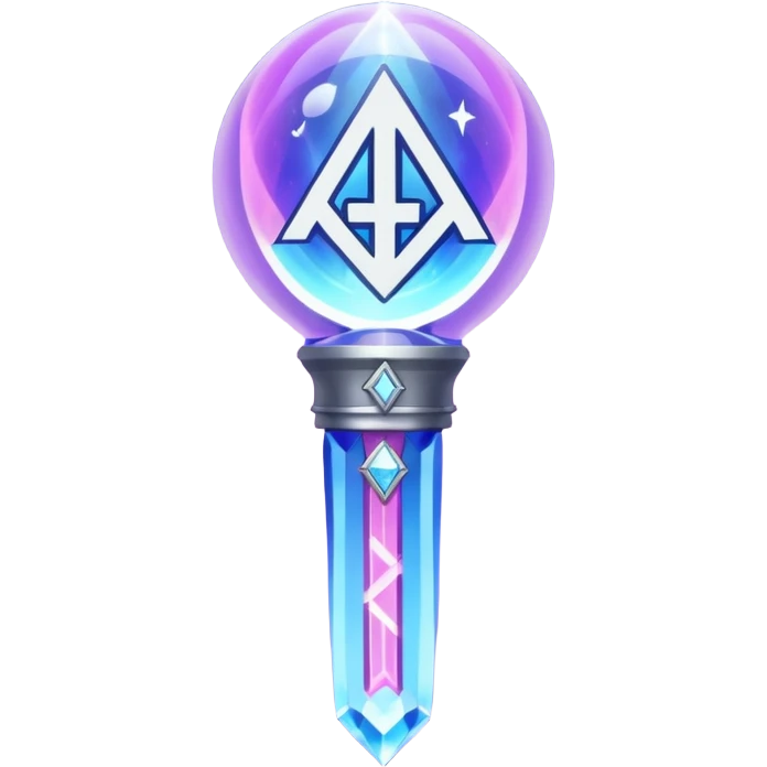 A magical K-pop lightstick for Huntrix (from K-Pop Demon Hunters): crystal dome top with a glowing rune and “H” emblem, shifting violet/silver/pink/blue light, sleek rune-engraved handle, charm loop—part idol merch, part mystical weapon. emoji