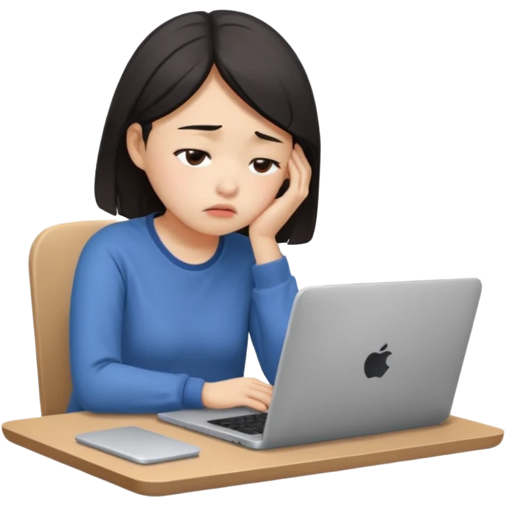 Create an emoji of a tired girl of Asian descent, sitting at a laptop, looking exhausted and frustrated. They have slouched posture, representing overwork and burnout. emoji