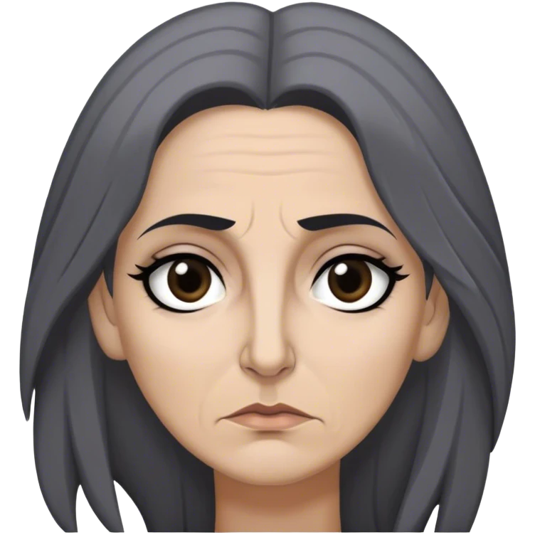 Mirri Maz Duur is a weathered, age 45  woman with deep-set dark eyes, high cheekbones, and a sharp nose, giving her a stern, knowing expression. Her long, unkempt dark hair streaked with gray falls loosely over her shoulders emoji