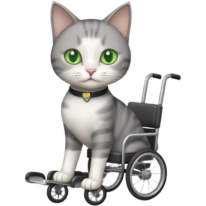 full body small short hair dark grey and white cat with green eyes walking in a wheelchair for cats emoji