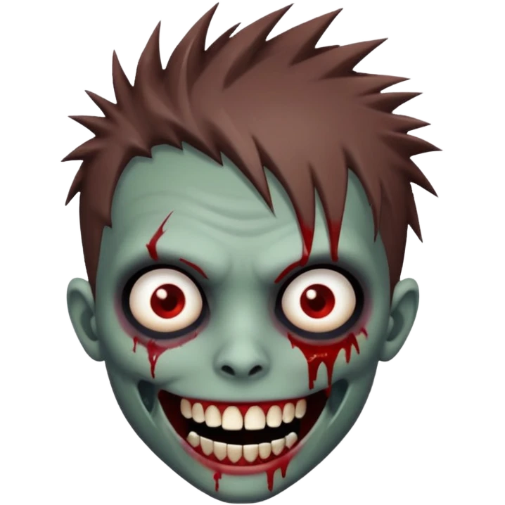 zombie boy with brown emo spiky hair, white skin, and white eyes; an open smile, and bloodied teeth; emoji