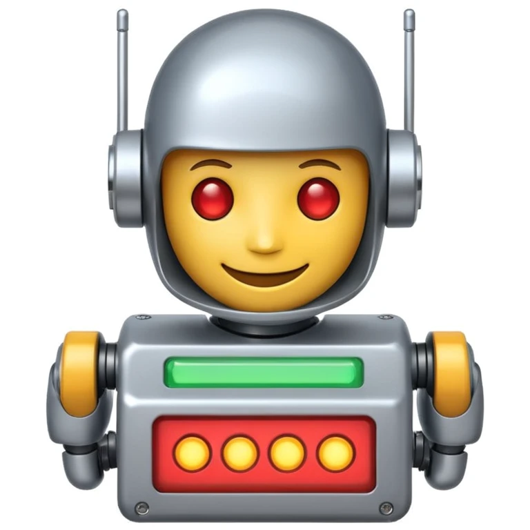 robot emoji profile picture with blinking lights, holding a network switch, smiling, white background emoji