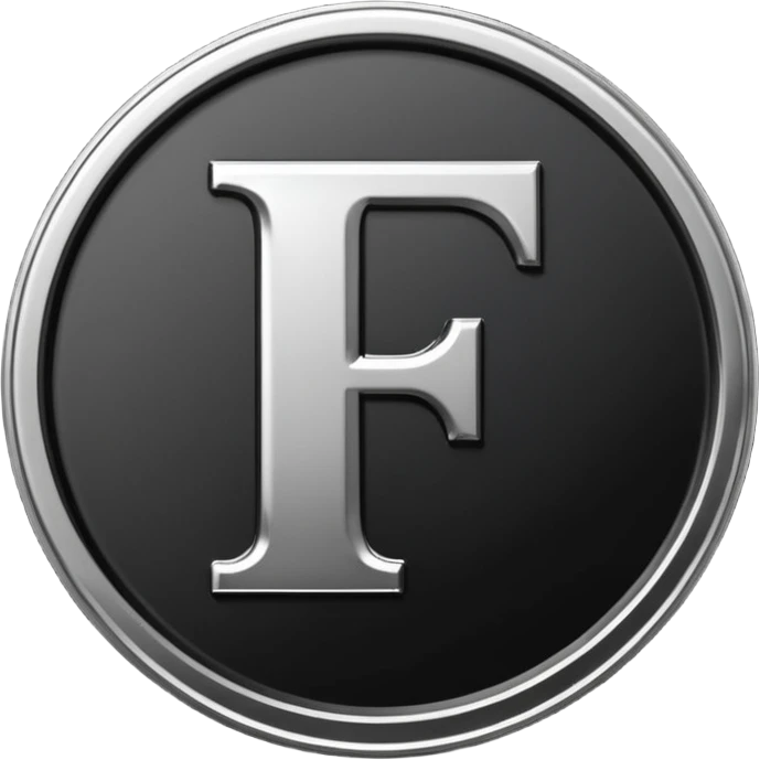 Emoji icon of a black coin with engraved letter F, minimalist style, isolated, no color emoji