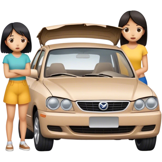 two asian girl friends broken car emoji
