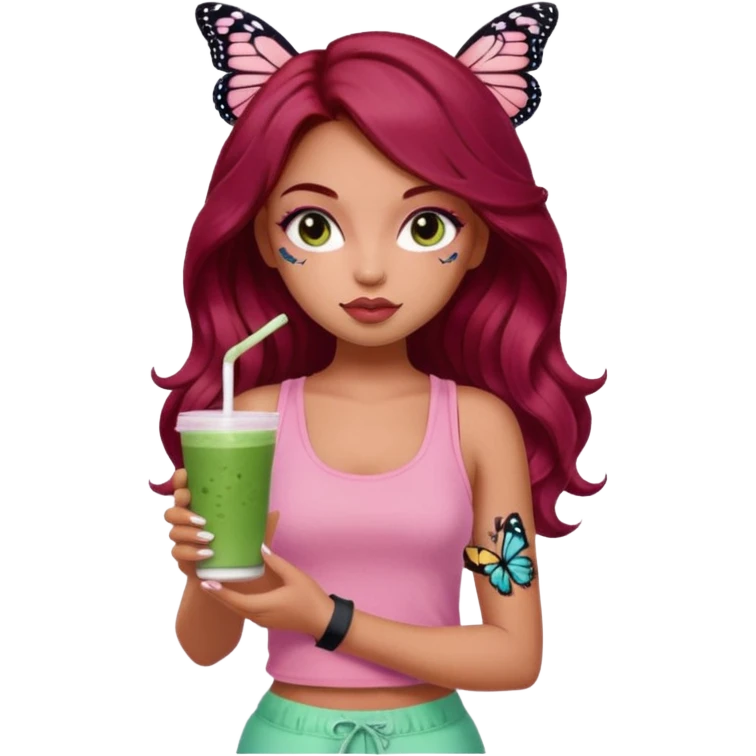 a pretty fair bratz girl with wavy dark red hair, wearing a pink tank top , carrying a matcha . eyeliner on. butterfly tattoo on arm emoji