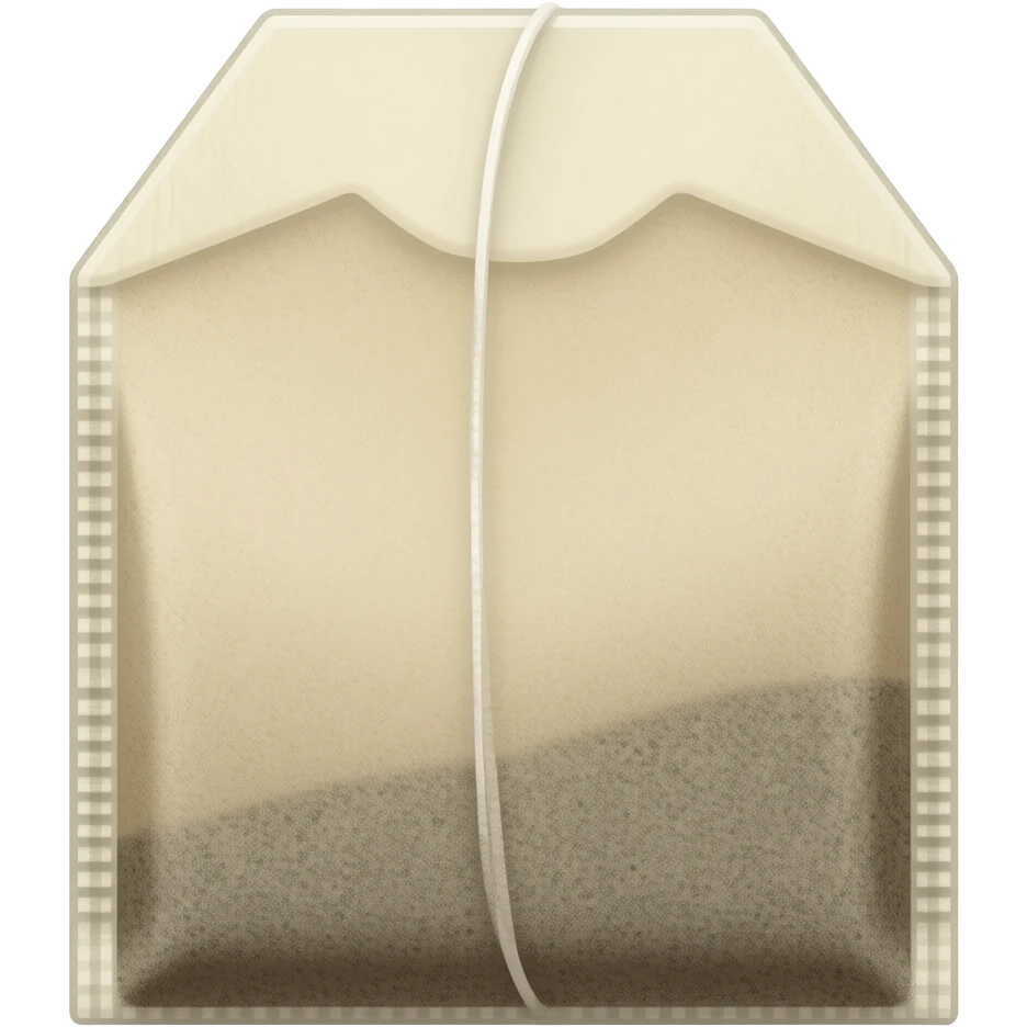 A small horizontally elongated nicotine pouch made from thin matte porous paper, similar to a tiny tea bag. The pouch is softly pillow-shaped with slightly uneven filling and gently curved sides, about twice as wide as it is tall. The short ends are sealed with narrow crimped paper edges. emoji