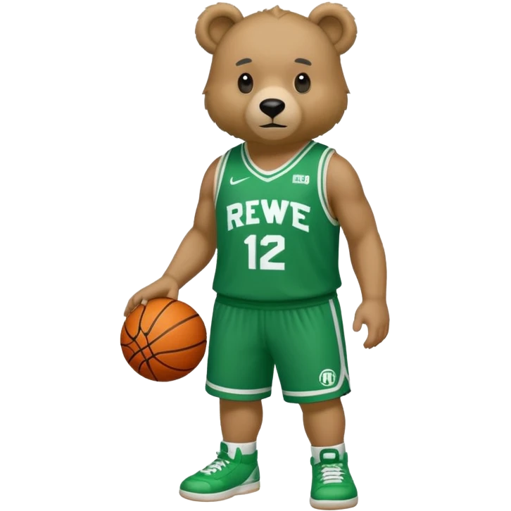 Bear with full body and wearing basketball green and white  jersey that says RWE  emoji