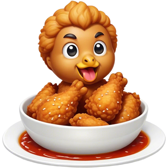 Korean Fried Chicken Cinematic Realistic Korean Fried Chicken Dish Emoji, depicted as bite-sized chicken chunks generously coated in a glossy, spicy sauce, in a bowl. emoji