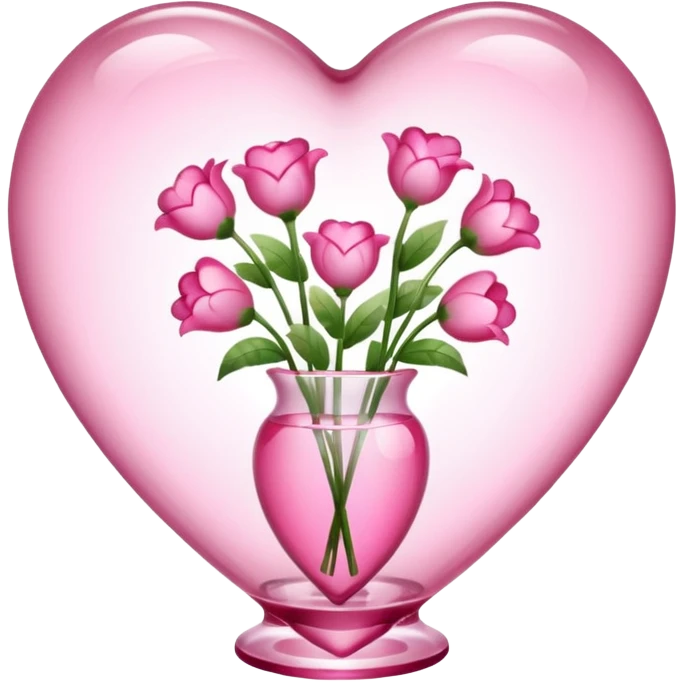 transparent vase in the shape of a pink heart filled with pink heart-shaped flowers emoji