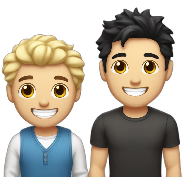 Gay couple, 1 guy Latino black straight hair and 1 Australian white guy with blonde slightly curly hair laughing full body and a cat in the middle emoji