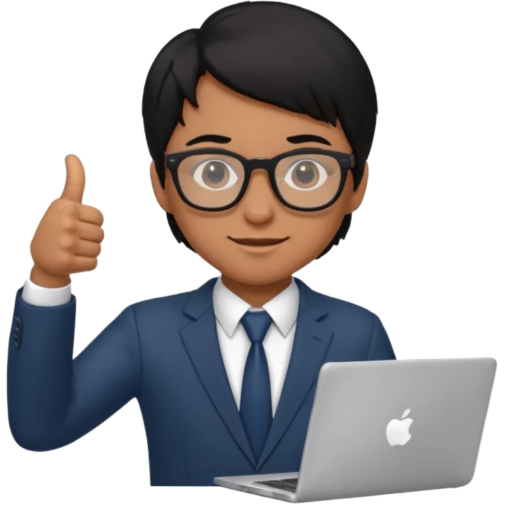 un estudiante con lentes y su laptop CON TERNO Y CABELLO NEGRO,   DANDO LIKE emoji
