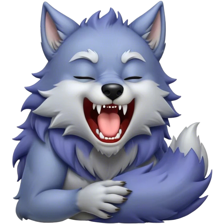 Cinematic Cute Yawning Werewolf Portrait Emoji, with a cuddly, miniature lupine form in soft moonlit grays and silvers, head leaning back in a big, adorable yawn that reveals a few fuzzy teeth, simplified yet irresistibly charming, highly detailed with a soft glowing outline that captures the drowsy, playful essence of a werewolf mid-nap! emoji