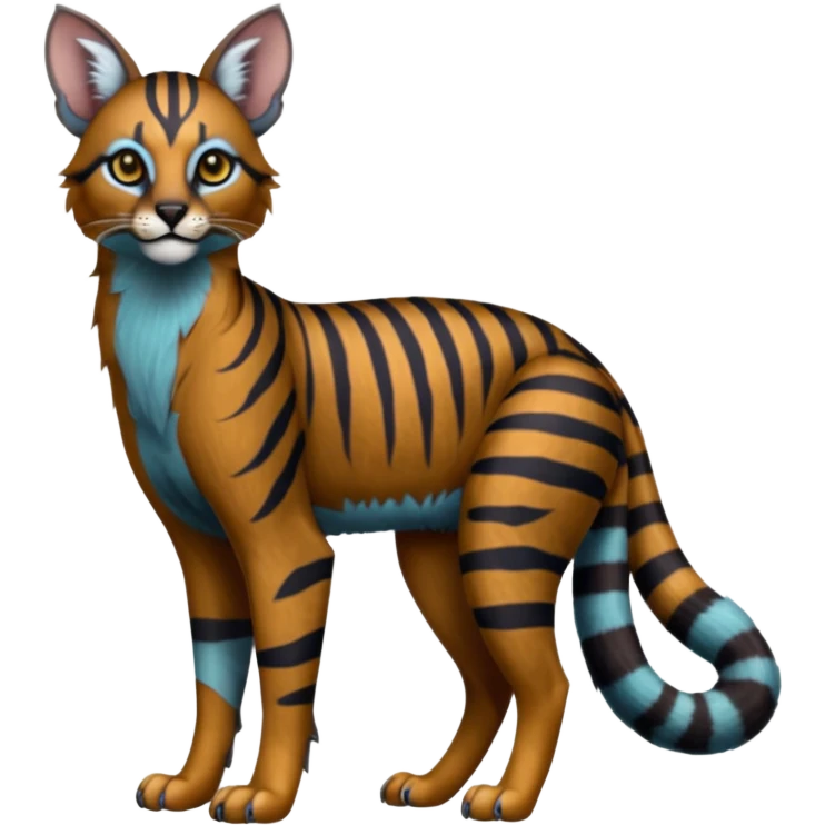 Realistic tiger-striped edgy bluish greyish blackish whitish silvery coppery Shiny Colorful Dusky Dark Gloomy Glossy Genet-Caracal-Lion-Bobcat-fusion-animal-hybrid-creature, full body, tufted ears, long thin tufted tail emoji