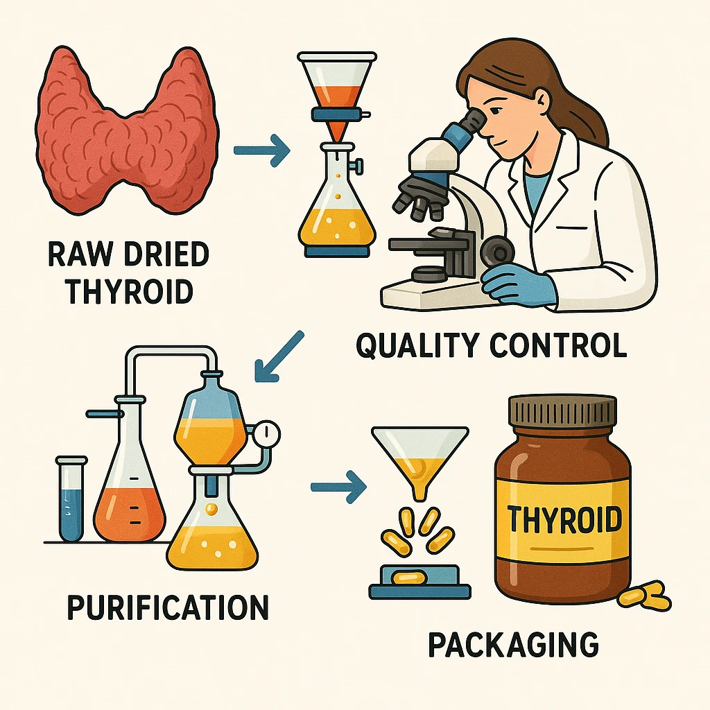 illustrated diagram of the process from raw dried thyroid to finished product capsules and jar, arrows indicating purification, quality control, and packaging steps, educational style, 4K emoji