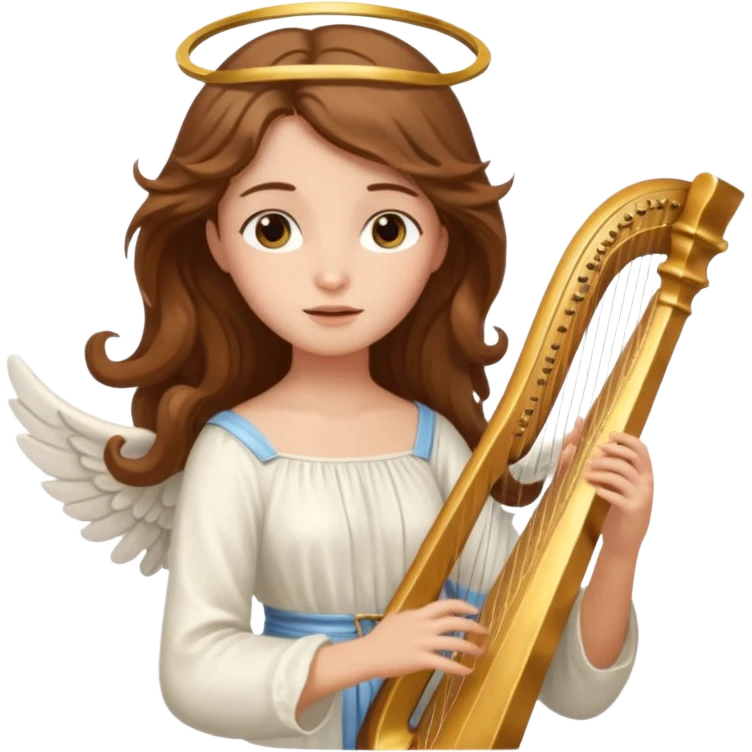 Female angel holding harp with flowing brown hair emoji