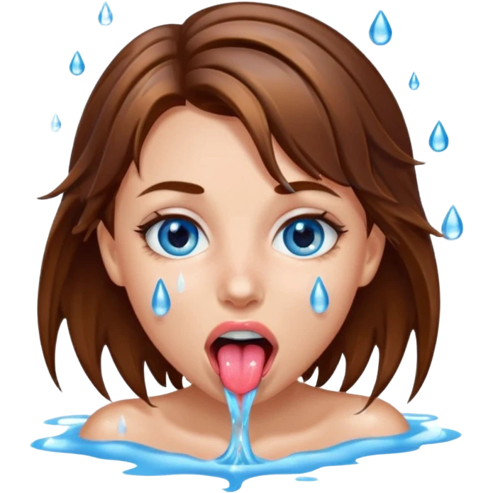 Girl with brown hair, blue eyes, a wet face and her tongue out. Can you make her face more wet? Can you add clear water droplets on her face and tongue? No water below her. Just on her face, hair and tongue. Can you make the water more slimy  emoji