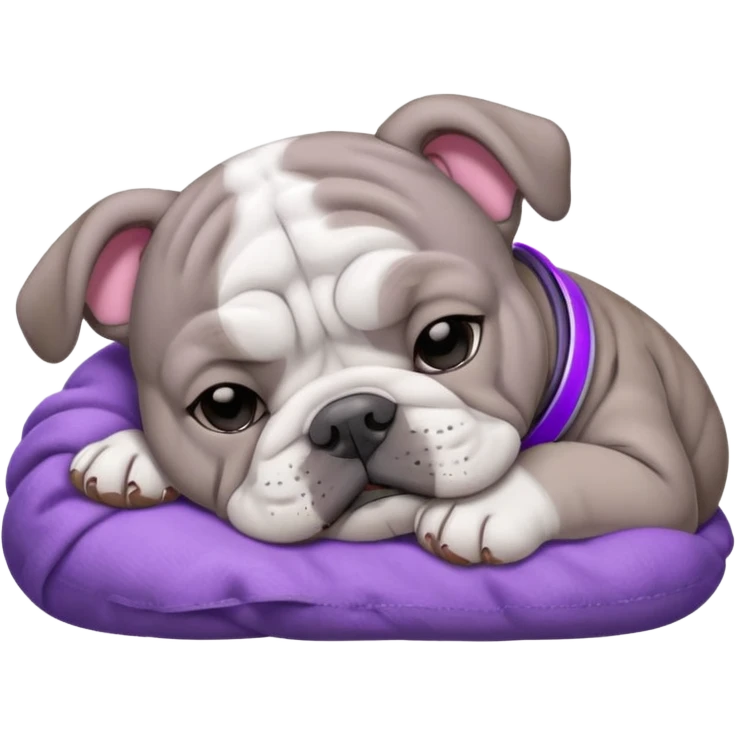 gray bulldog puppy sleeping with a purple collar on emoji