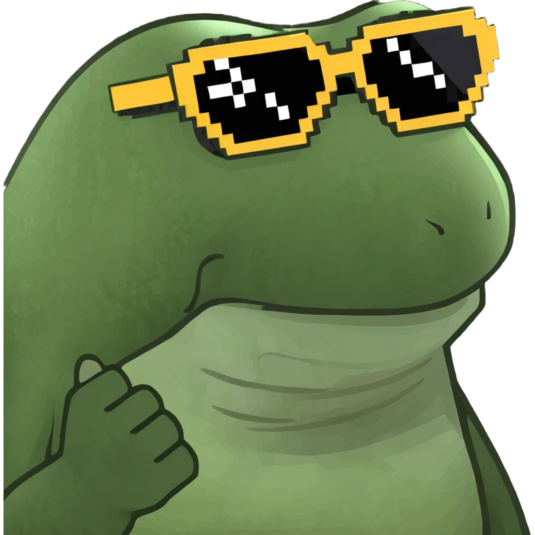 bufo with triangle 8 bit sunglasses full black, confident smile emoji
