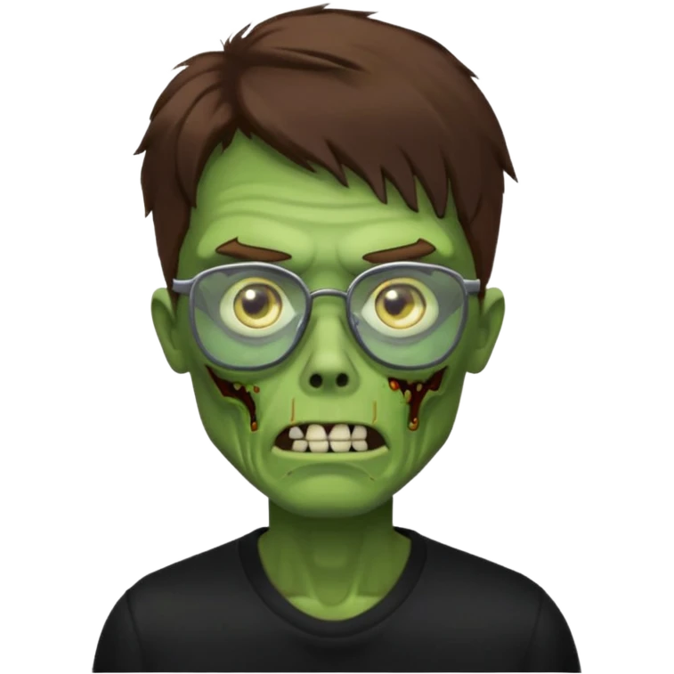 Green zombie, brown hair, black glasses, black shirt. iOS style. emoji