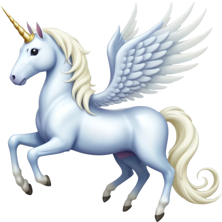 All white Cinematic Noble Unicorn with wings, slender with a flowing mane and tail and spiraled horn emoji
