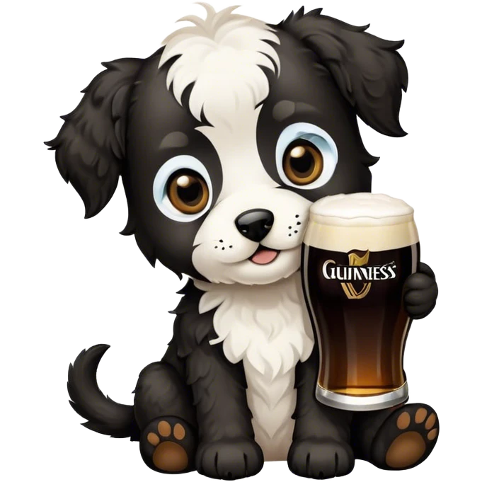 Black Puppy. Jackapoo. White face. Black pointy floppy ears. Black circles around eyes. Holding a Guinness beer. The dog does not have brown hair emoji