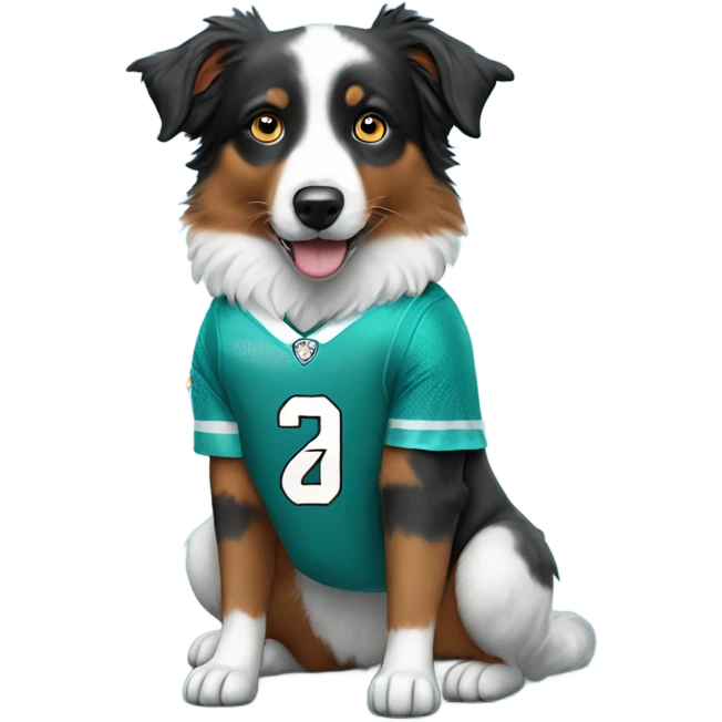 Mini Australian shepherd wearing a Dolphins jersey emoji