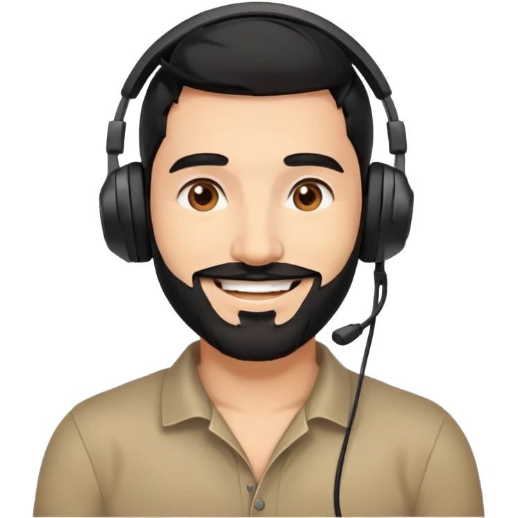 Happy smiling man with black hair, brown eyes, black beard wearing a gaming headset emoji