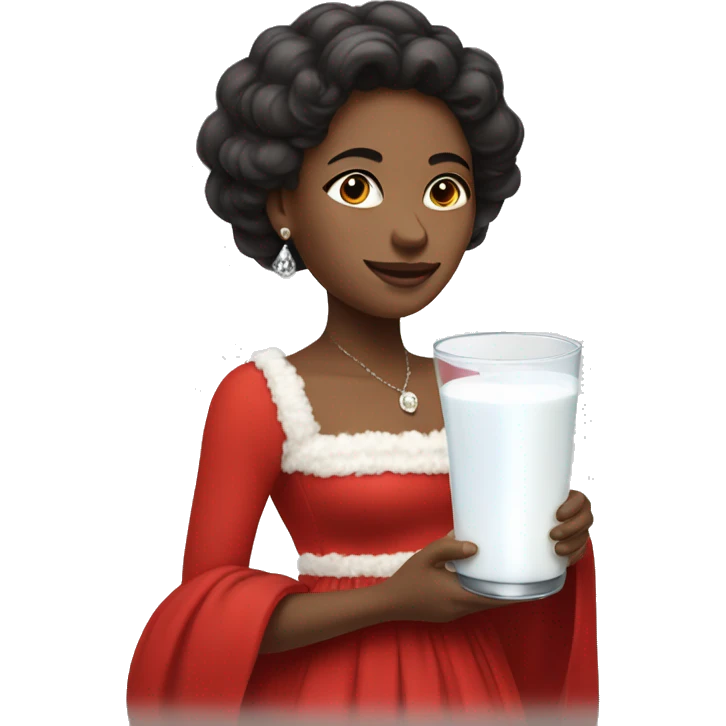 A woman wearing a red dress with white fluff on the hem, holding a fancy glass filled with milk emoji