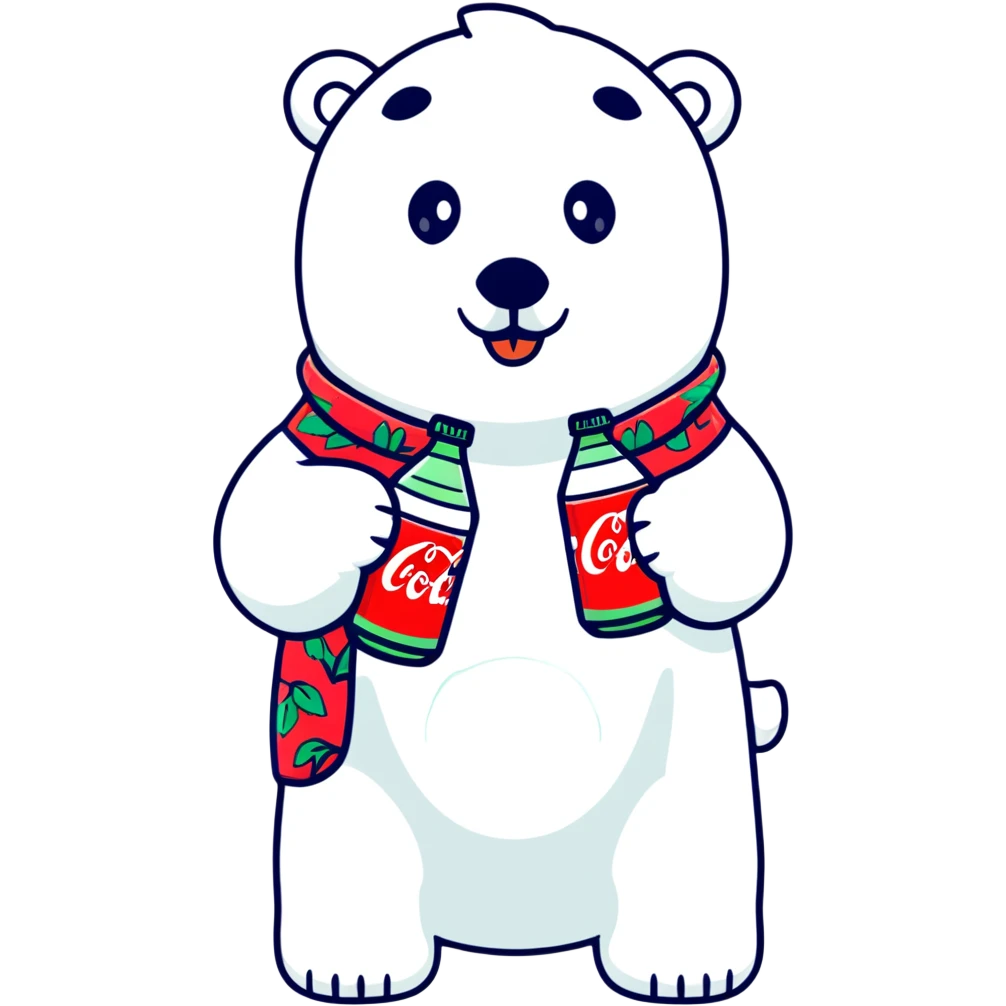 polar bear in a colorful Hawaiian shirt with Coke bottle pattern, sipping Coca-Cola emoji