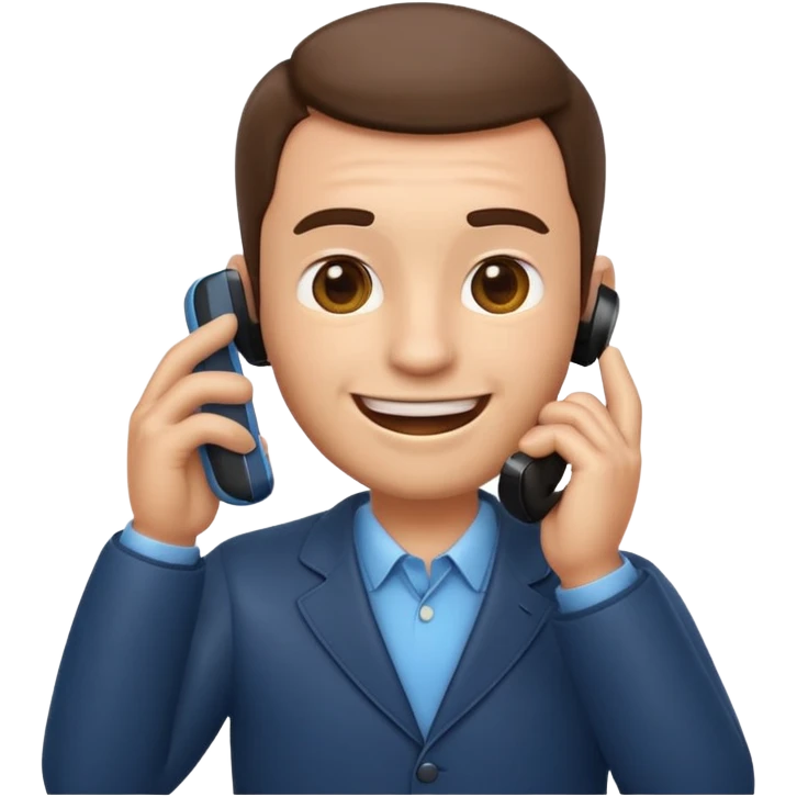 3D emoji style man talking on phone, holding a smartphone to his ear, smiling, rounded face, soft shading, glossy texture, Apple iOS emoji style, clean white background, centered, high detail, sticker style
 emoji