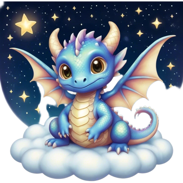 Airbrush painted image of an adorable little baby dragon with large glistening eyes sitting on a cloud under a deep galactic sky with pearlescent scales and wings spread against the stars emoji