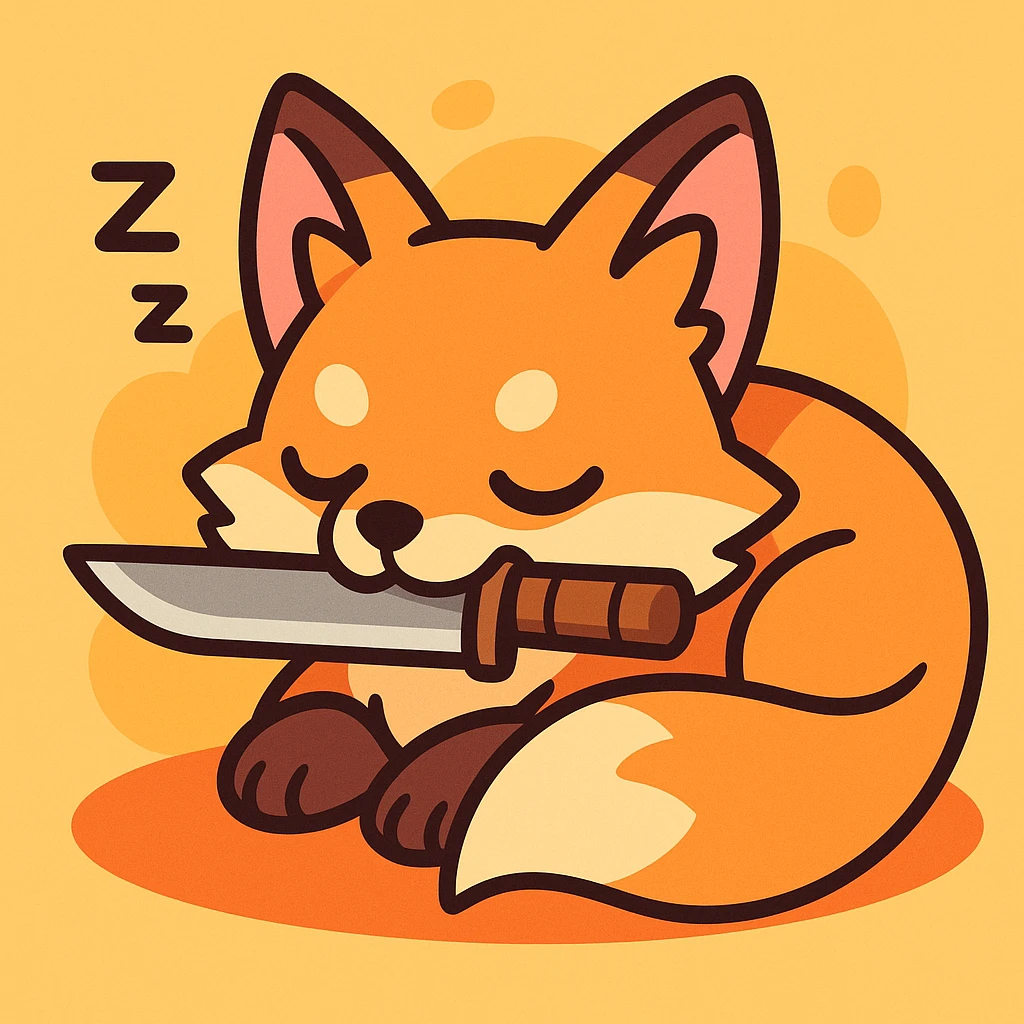 a sleeping fox kitsune with a knife in his mouth, cartoon style, soft colors emoji